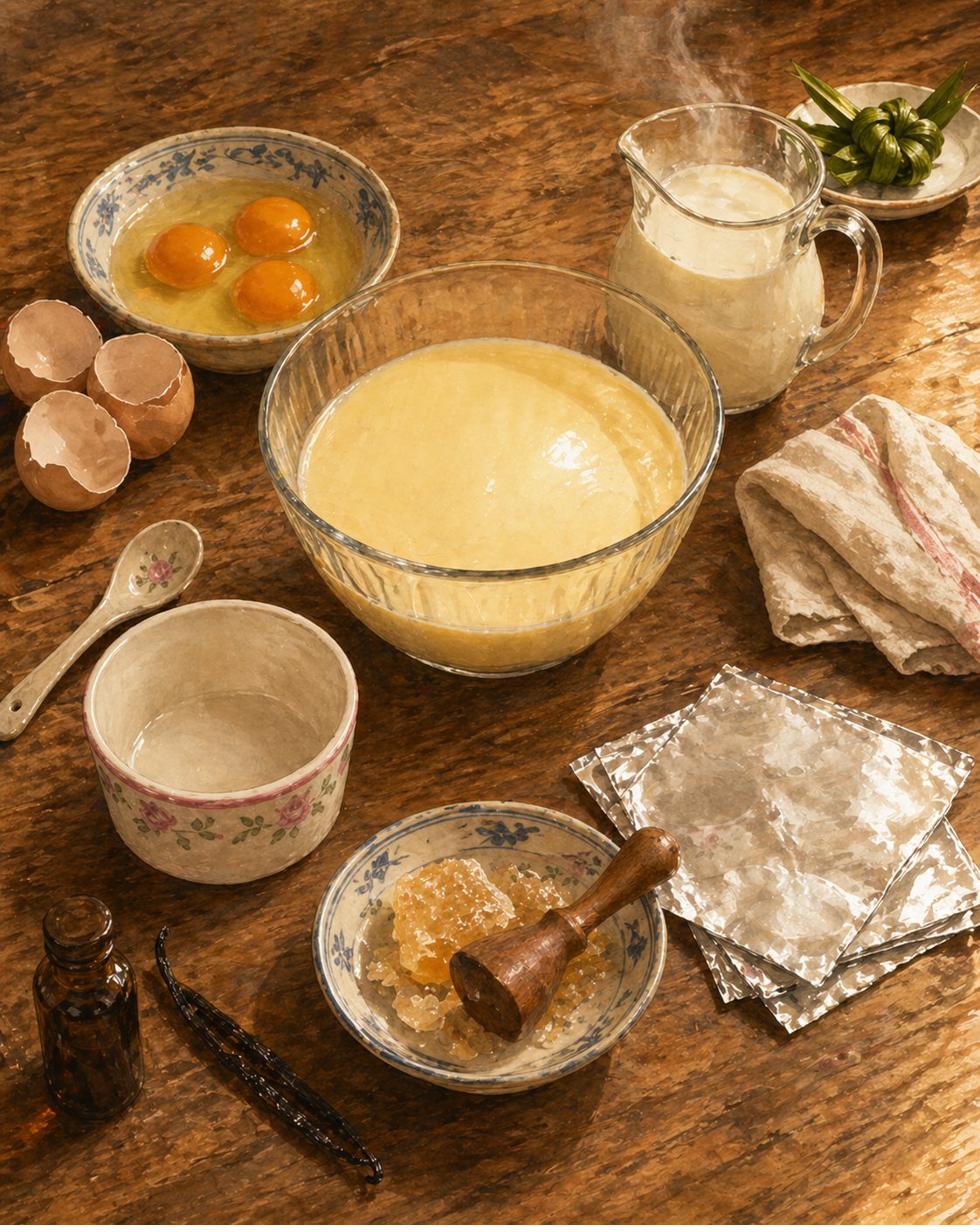 Stage 1: heritage glass mixing-bowl half-filled with pale-cream-yellow egg-milk-rock-sugar mixture, surface glossy and smooth (no foam). Small heritage ceramic dish with 3 freshly-cracked egg-yolks-and-whites. Heritage glass pitcher of warm milk. Heritage ceramic dish with rock-sugar block. Empty heritage round porcelain ramekin pristine. 3 squares of cooking foil stacked. Heritage porcelain spoon, folded muslin cloth, vanilla pod. Pandan-leaf knot at upper-right.
