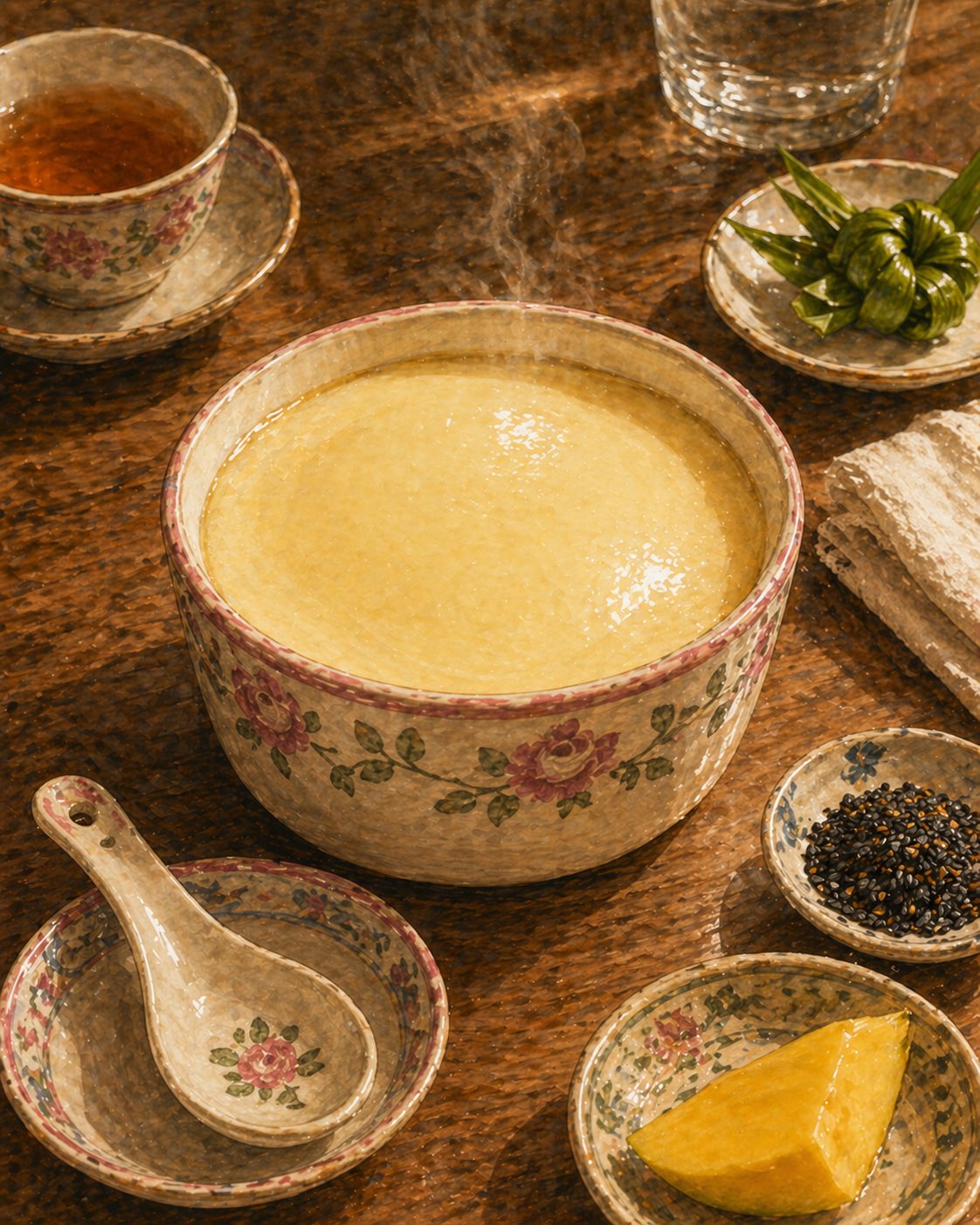 Hero ramekin: small heritage round porcelain ramekin (pale-cream with subtle pink-rose-and-pale-green floral rim) on a small heritage saucer on a heavy walnut table. Inside the ramekin: silky-smooth pale-cream-yellow steamed egg pudding, fully set with faint silvery-sheen surface, faint tremble at the centre. A small heritage porcelain teaspoon resting beside the ramekin on the saucer. Tiny drizzle of dried-osmanthus-honey at the centre, golden-translucent. Late-afternoon golden light catching the silken surface. Pandan-leaf knot on small saucer at upper-right edge.