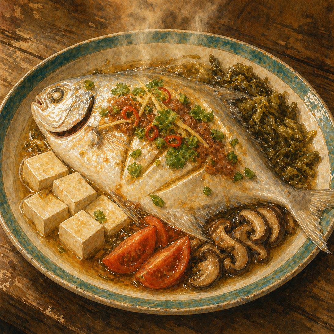 Critical moment: the fish in the bamboo steamer over rolling boil, steam billowing, lid lifting.