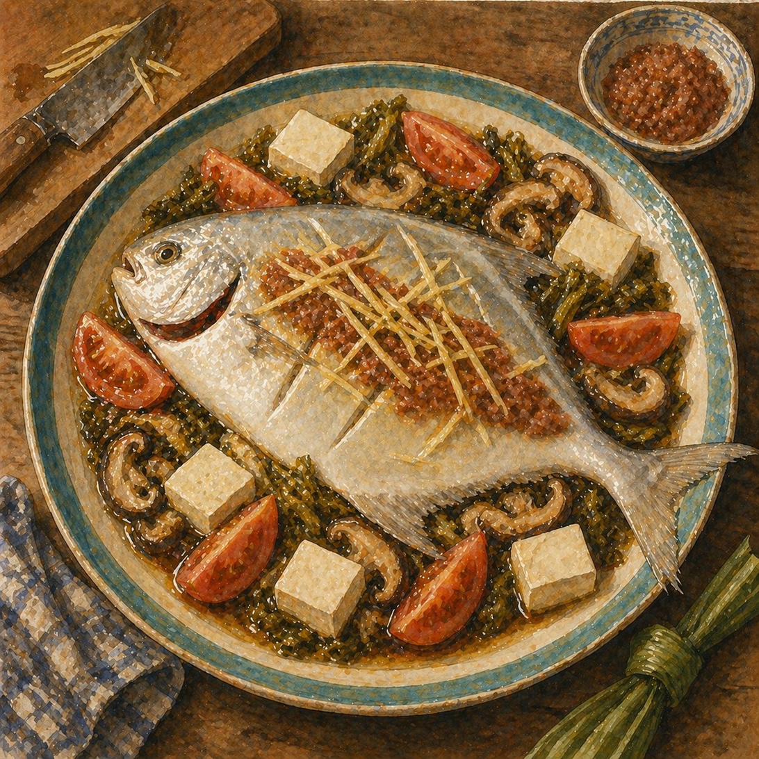 Step illustration: a whole white pomfret scored on the side, ready for plating.