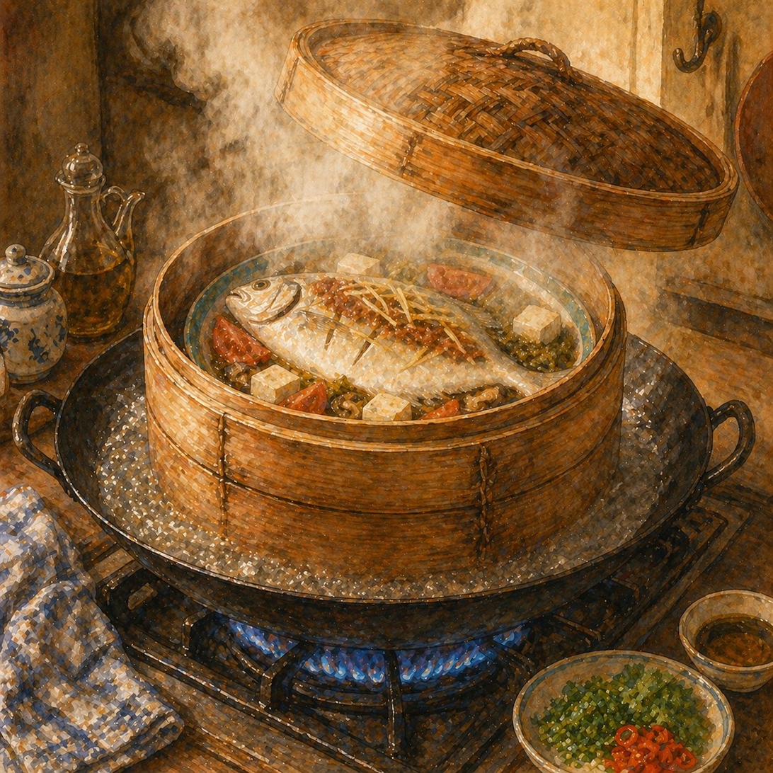 Step illustration: the assembled plate showing the white pomfret with salted plum smear, tomato wedges, mushroom slices, tofu cubes, ginger strips arranged around — overhead view.