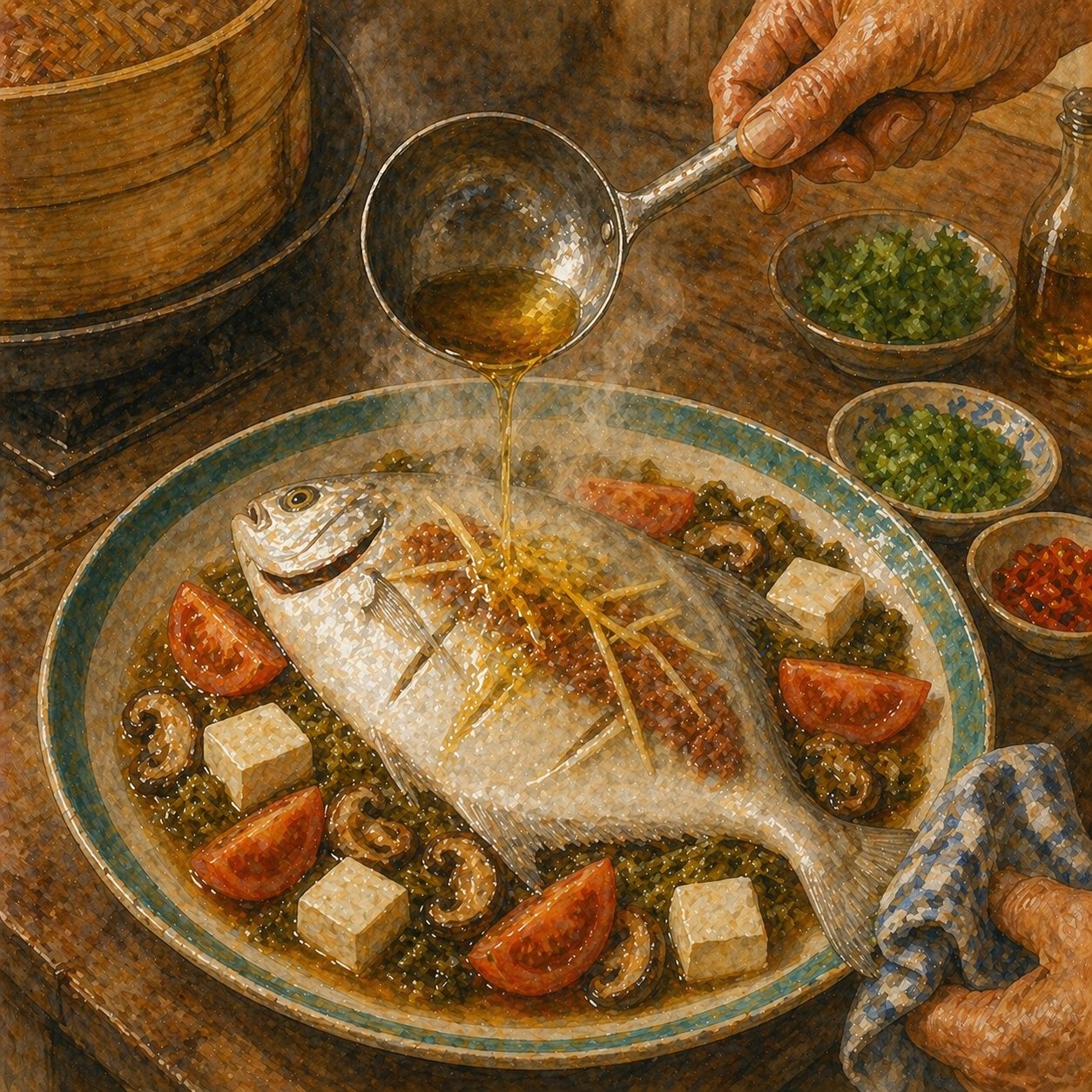 Step illustration: hot lard being drizzled over the steamed pomfret, glossing the skin, broth pooling on the plate.