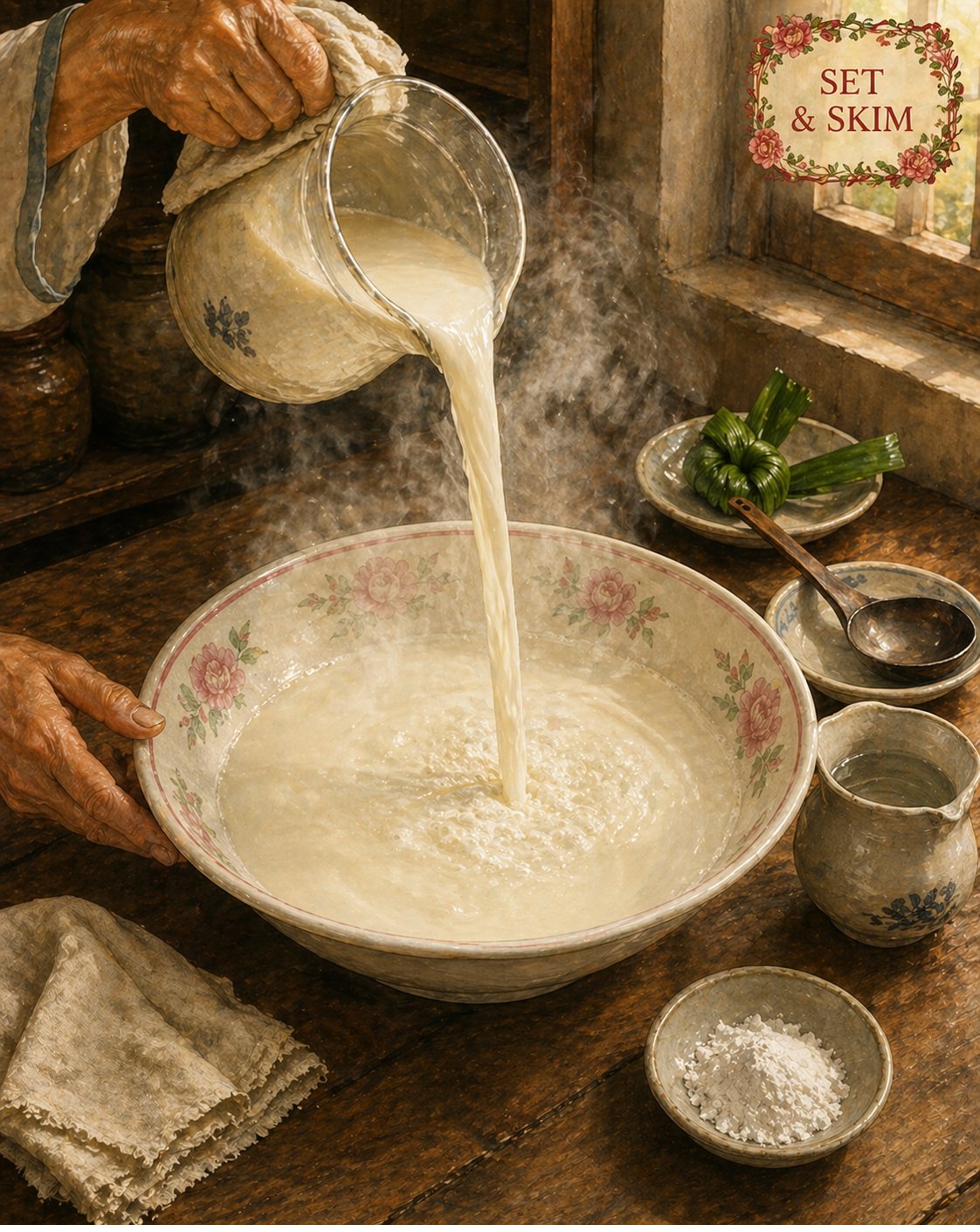Critical moment: heritage glass pouring-jug held high (about 30 cm) above a wide heritage round-bottomed setting-bowl. Hot creamy-white soy milk in mid-pour, single concentrated stream falling toward the bowl. The cloudy-white gypsum-cornstarch slurry visible at the bottom of the bowl. Charcoal stove with empty stoneware pot in background, heat off. Cartouche upper-right reads SET & SKIM in red-rose-and-vine-leaf flourish. Pandan-leaf knot on saucer at upper-right.