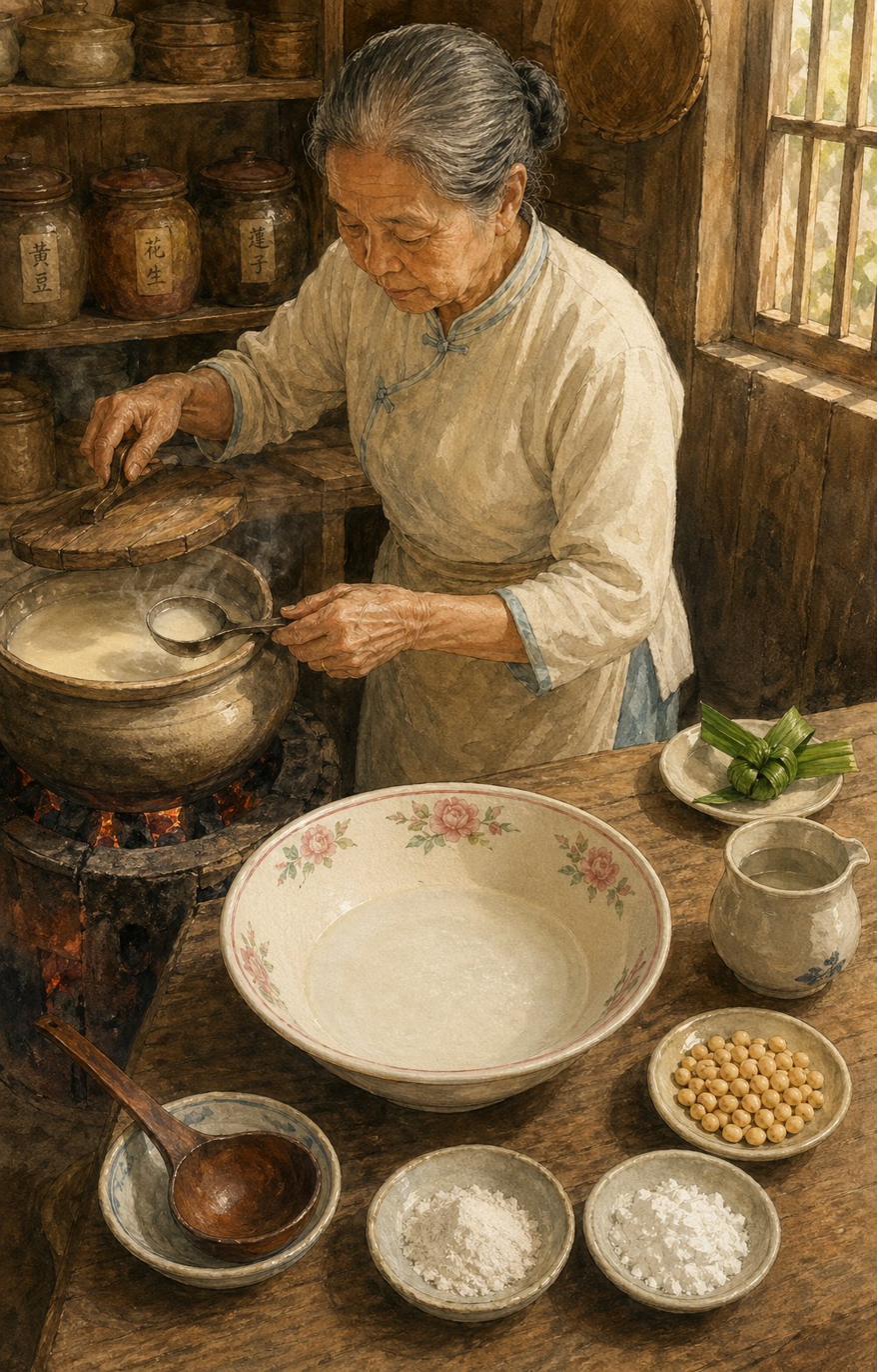 Vignette: Hock Ko's mother at the heavy charcoal stove, late-morning warm light. Mid-action holding the wooden lid handle of a heritage stoneware soy-milk pot in her right hand and a heritage flat skim-ladle in her left, dipping into the gently-simmering creamy-white soy milk. Charcoal stove glowing red-orange embers visible. Steam rising from the soy-milk pot. On the counter: wide heritage rice bowl with subtle pink-rose-and-pale-green floral rim. Ceramic dishes with chalk-white food-grade gypsum and pale-white cornstarch. Heritage ceramic pitcher of room-temperature water. Pantry shelf with stoneware jars labelled 黄豆, 花生, 蓮子. Pandan-leaf knot on saucer at upper-right. Painted heritage style.