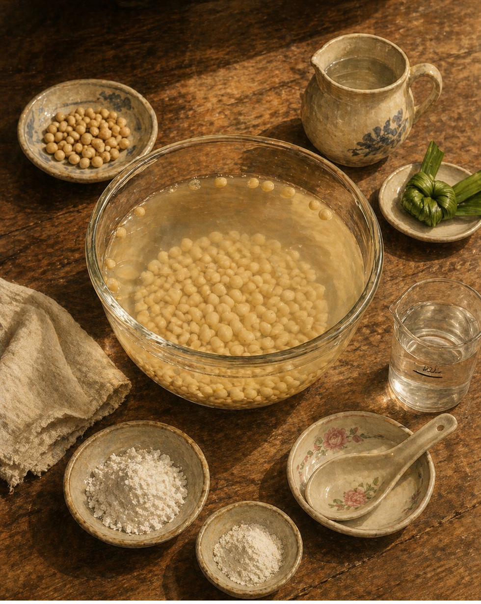 Stage 1: large heritage clear-glass mixing-bowl on a worn-timber kitchen counter at evening, half-filled with cool water and pale-yellow-cream dried soybeans (in early hydration-bloom, some bobbing at surface). Small heritage ceramic dish with unsoaked soybeans for comparison. Heritage ceramic pitcher of cool water. Folded muslin cloth. Two small heritage ceramic dishes side by side: chalk-white food-grade gypsum powder and silken-textured cornstarch. Pandan-leaf knot at upper-right.