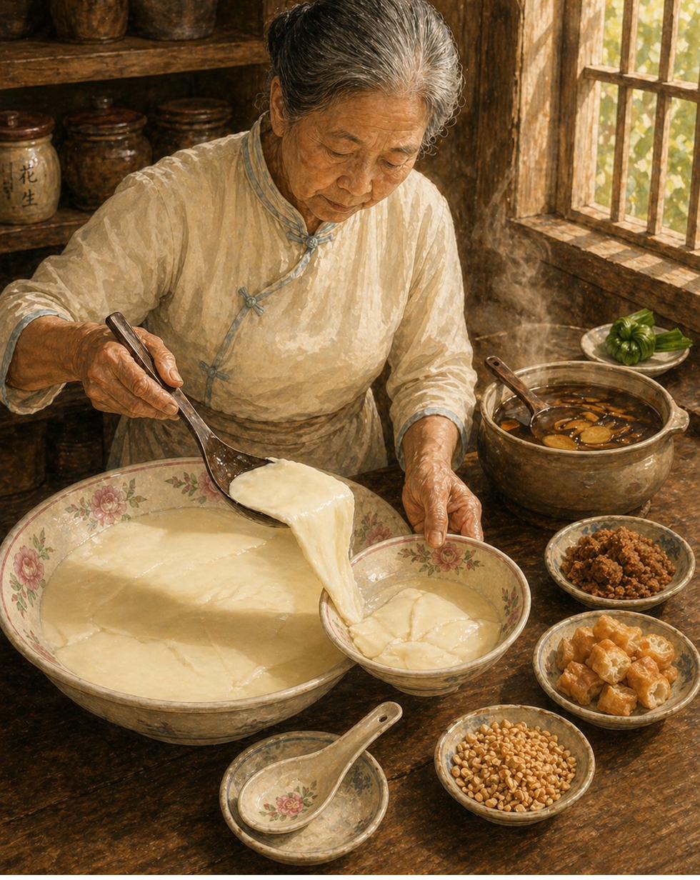 Stage 5: Hock Ko's mother holding a heritage flat skim-ladle (wide, paddle-shaped, thin flat edge), running it horizontally across the surface of the just-set tau hwey in the wide setting-bowl. Lifting a thin sheet about 5 mm thick from the surface. The skimmed sliver folding gently as it transfers. The setting-bowl shows the smooth-glossy-pale-cream-yellow surface of the just-set tau hwey with the skim already taking the first slivers. Heritage rice bowl on counter receiving the layered slivers. Heritage glass pitcher of warm ginger syrup beside. Pandan-leaf knot on saucer at upper-right.
