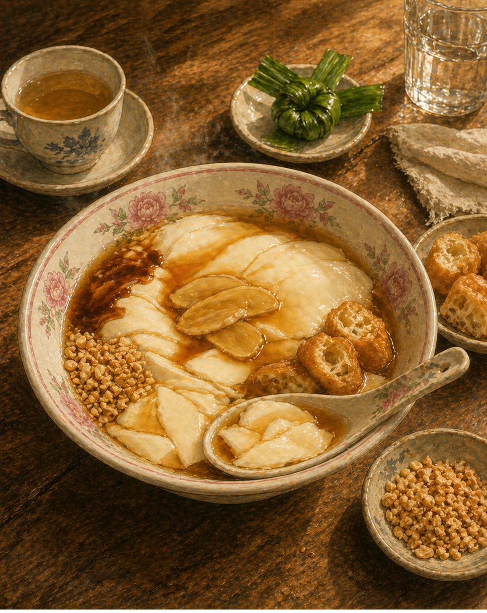 Hero bowl: small heritage rice bowl with subtle pink-rose-and-pale-green floral rim on a heavy walnut table. Inside the bowl: 4-5 thin slivers of pale-cream tau hwey layered into a soft cloud-stack, each sliver visible at its edges with gentle folds. Warm ginger syrup pooling at the base, faintly amber. Heritage porcelain spoon resting beside the bowl. Tiny pieces of you tiao and crushed peanuts scattered on top. Late-morning warm-golden light. Pandan-leaf knot on small saucer at upper-right edge.