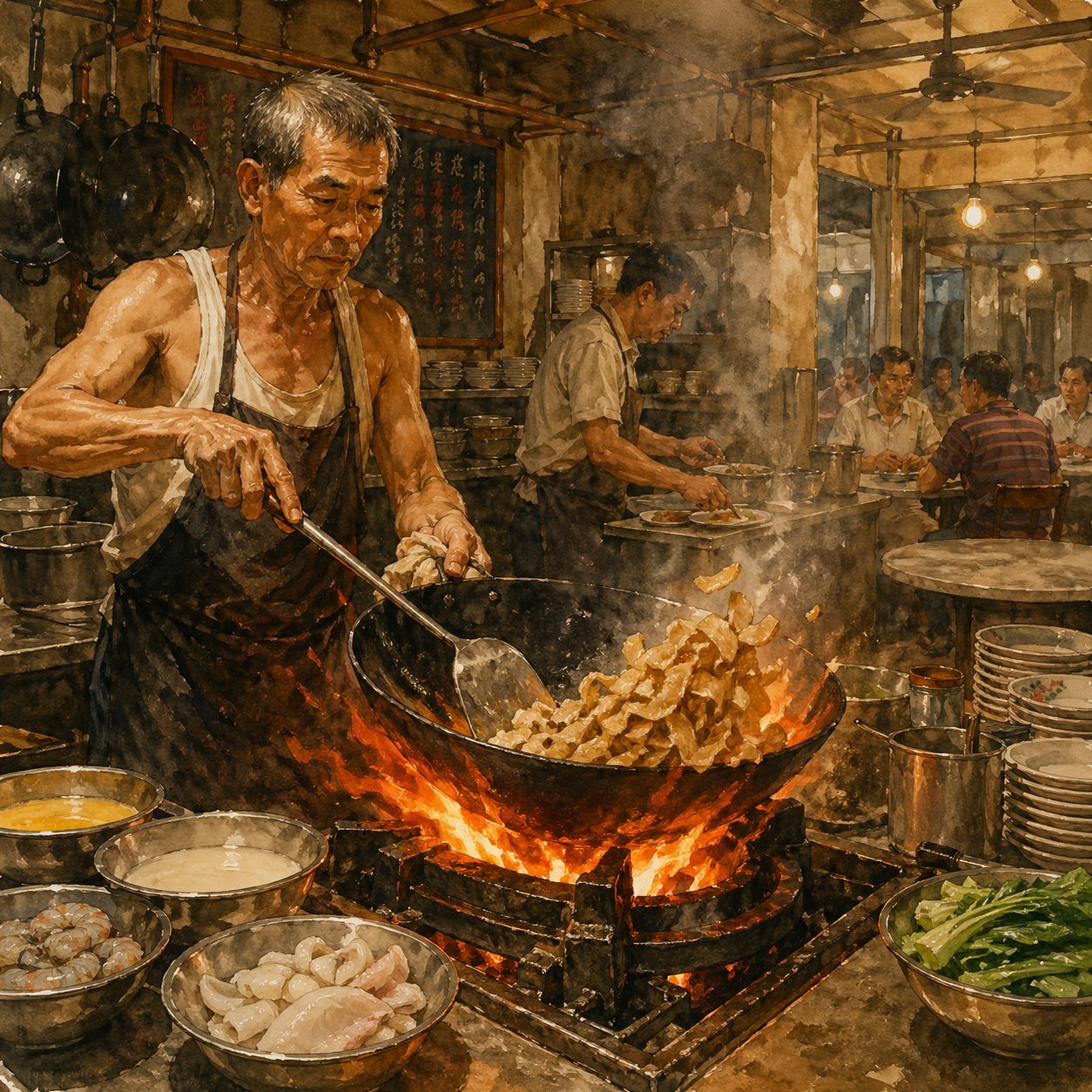 Critical moment illustration: beaten eggs being drizzled in a thin yellow ribbon over the glossy translucent gravy, the trail forming a curve over the surface. Chopsticks mid single gentle stir. Off the heat, no flame.