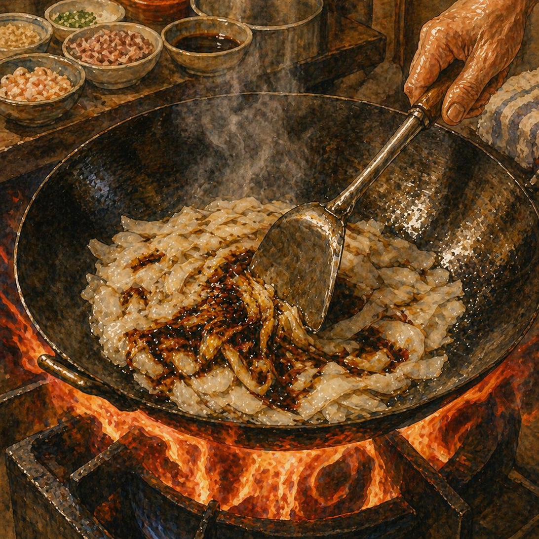 Step illustration: kway teow spread in single layer in a roaring-flame wok, dark soy puddling at edges, smoke rising, the spatula about to flip. Strong wok hei flames at the base of the wok, charred edges visible.