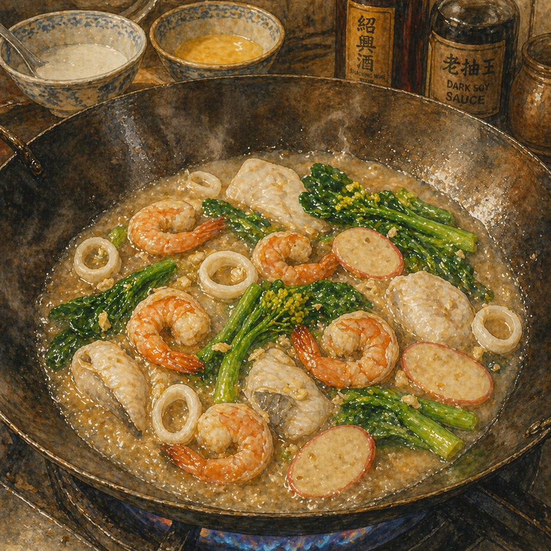 Step illustration: the wok mid-build with gravy bubbling, prawns curled to U-shape, squid rings white, sliced fish pieces just turning opaque, choy sum draped at one side.