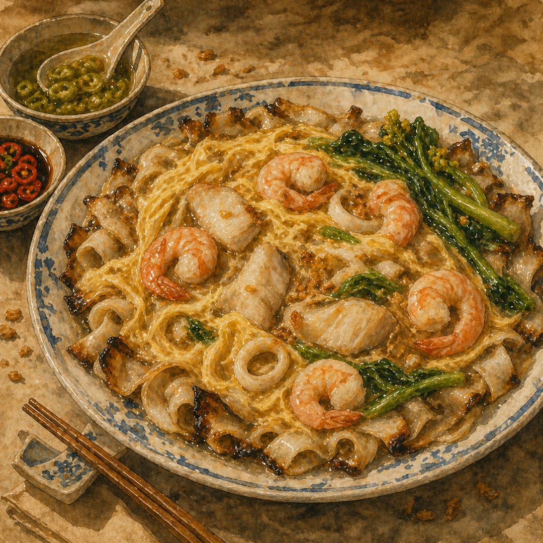 Hero plate: a wide ceramic kopitiam plate with charred broad flat rice noodles visible at the edges, drowned in a glossy translucent egg-laced gravy. Prawns curled, squid rings, fish slices, choy sum draped across. Egg ribbons visible as silky yellow strands. Pickled green chillies on the side.