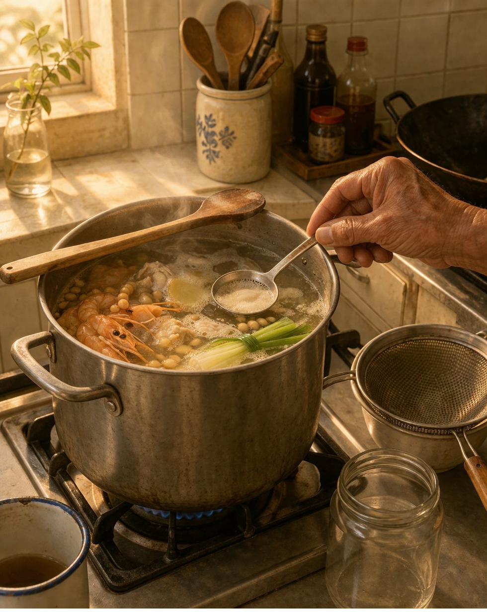 Critical moment with STOCK SIMMER cartouche: hero close-up of wok-and-stove junction. Hock Ko's left hand visible from wrist-down, holding heritage cream-glaze ladle with blue floral motif, mid-action POURING stream of pale-amber-clear-cream heritage Sembawang white stock from ladle into wok below. Wok dark seasoned cast iron, gas flame at medium-high underneath. Wok contains: pre-soaked bee hoon (glossy-translucent-white strands), 2-3 fresh medium prawns just added (still mostly raw-pale-pink, beginning to curl), small mound of soft scramble-eggs at side, pale-golden flecks of just-fried minced garlic, few yu choy stalks waiting on top. Stock pours in thin glossy ribbon from ladle, catching upper-left window light, surface of stock as it hits wok showing fine bubbles and thin steam-curl rising. Hand weathered, swollen-knuckled, deeply tanned, steady — Hock Ko's character anchor. Cartouche overlay at upper-right: 'STOCK SIMMER' in serif capitals on small painted cartouche with red-rose-and-vine-leaf flourish — THE BOOK'S FINAL CARTOUCHE. White enamel mug with faded blue rim at lower-left edge — Chapter 9 marker. Pale-gold dawn light upper-left.