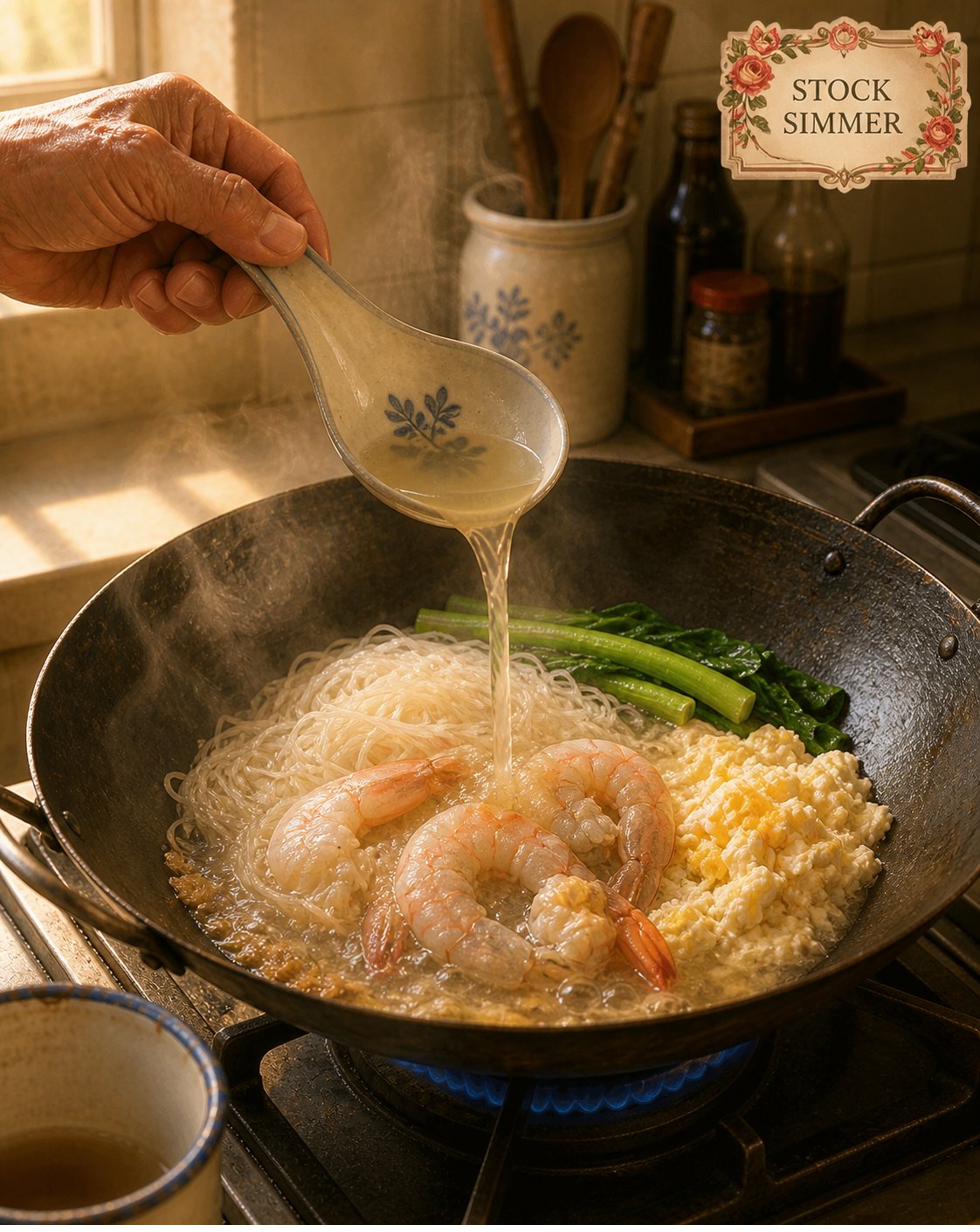 Stage 1: tall stockpot on heritage Singapore-Hokkien gas stove at gentle simmer, low gas flame visible. Inside the pot: chicken bones, prawn heads-and-shells (the bright orange-pink shells visible — heritage Sembawang umami foundation), soya beans (heritage Hokkien clarification ingredient), knot of spring-onion white, ginger slices. Stock reads CLEAR pale-cream-amber, NOT milky. Steam rising in gentle curl. Hock Ko's right hand visible from wrist-down, holding small steel skimmer mid-action lifting foam. Wooden spoon resting across the rim. Fine-mesh strainer waiting beside stove; clean glass jar ready to receive strained stock. Heritage kitchen background: ladle crock with blue floral motif, dark-glass sauce bottles, wok visible at upper-right. Pale-gold dawn light from upper-left window, curry-leaf in glass jar visible. White enamel mug with faded blue rim at lower-left edge holding steaming kopi-o — Chapter 9 marker.