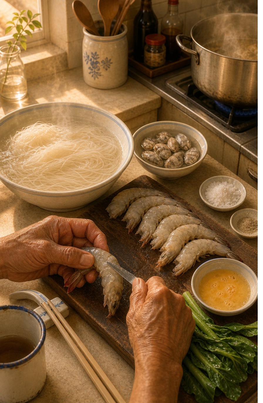 Stage 2: slightly elevated angle, looking down onto Hock Ko's workbench. Multiple parallel prep stations: heritage cream-and-pale-blue large mixing bowl holding bee hoon submerged in hot water (fine white-translucent strands becoming pliable, steam rising); separate smaller bowl with lala clams in salted water for purging (cream-and-grey ridged shells); wooden chopping board with fresh medium prawns laid out (peeled-with-tails-on, white-pink flesh visible). Hock Ko's hands only visible — left hand holding prawn, right hand with small sharp knife mid-action devein-slitting along the back. Sea salt + white pepper pinch-bowls upper-right, cracked egg already beaten in small dish, yu choy stalks at lower-edge. Background: stockpot still simmering on stove visible at upper-right, steam rising. White enamel mug with faded blue rim at lower-left. Pale-wood chopsticks on chopstick-rest. Pale-gold dawn light upper-left.