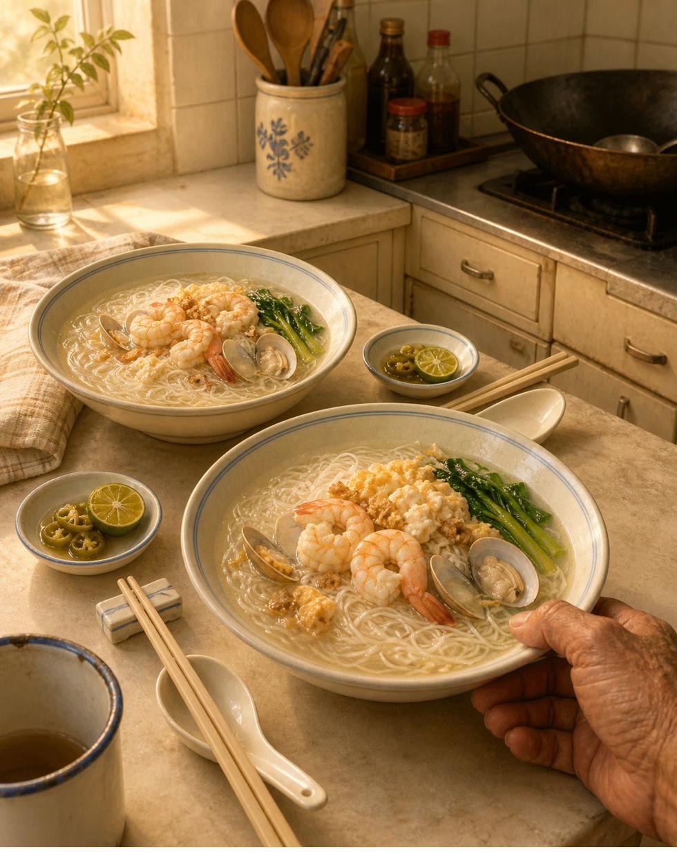 Stage 4 hero — the BOOK'S CLOSING IMAGE: slightly elevated angle, Hock Ko's workbench-table at dawn. Two heritage cream-and-pale-blue Singapore-everyday deep soup bowls of finished Sembawang seafood white bee hoon, set for two eaters. Centre-right: the larger bowl (Hock Ko's), holding silky-translucent white bee hoon submerged in pale-amber-clear-white stock with slight oil-glisten on surface; topped with 3-4 white plump prawns (peeled, tails on), 3-4 lala clams (half-shells visible), generous mound of soft scrambled egg, several stalks of yu choy (bright-green, only colour relief), generous shower of crumbled crispy lard pieces. Pair of pale-wood chopsticks on chopstick-rest beside bowl. Small dish at bowl's upper-right with half calamansi (cut-side-up) and 2-3 sliced pickled green chillies. Ceramic soup spoon nearby. Steam rising gently. Upper-left: slightly smaller bowl (his wife's), set with same dish but slightly less generous topping. Pair of chopsticks already resting on chopstick-rest, slightly worn pale-wood. Folded pale-check cloth napkin at upper-left edge of her bowl. Steam rising. Hock Ko's right hand visible from wrist-down at lower-right, just having set down his own bowl. Wife is NOT visible; she is implied through the second bowl, her chopsticks, the empty place at the workbench-table. Background: kitchen window upper-left lets in pale-gold dawn light; very pale-blue dawn sky outside; thin sliver of pale-gold sunlight just clearing horizon; curry-leaf in glass jar on sill. Cleaned-and-ready-to-be-washed wok visible at back of stove. Household quiet. White-and-cream FULLY FOREGROUNDED — chapter colour-arc terminal payoff. Yu choy green is only major non-white-non-cream colour relief. Pale-gold dawn light cools cream rather than warms it. White enamel mug with faded blue rim at lower-left edge holding steaming kopi-o — Chapter 9 narrative-continuity marker's FINAL INSTANCE in book.