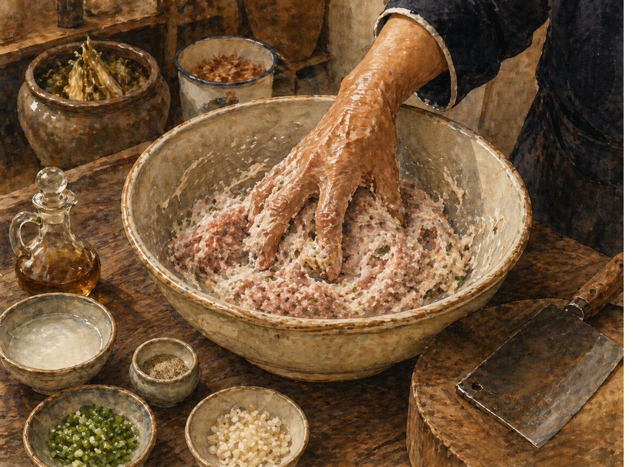 Step illustration: overhead three-quarter view of the fish-and-pork paste being slap-mixed by hand in a heavy ceramic mixing bowl on a wooden kitchen counter. Sun-spotted sinewy hand plunged into the pale-grey pasty mixture. Two-thirds incorporated — visible streaks of minced pork and fish paste. Tiny chopped water-chestnut flecks. Around the bowl: dish of finely-chopped spring onion, ceramic pinch-pot of white pepper, dish of cornstarch slurry, heritage glass cruet of light soy. Pale walnut-wood shelves and earthenware vessel of preserved-mustard-greens in soft-focus background. Bare-hand technique — no modern appliances visible.
