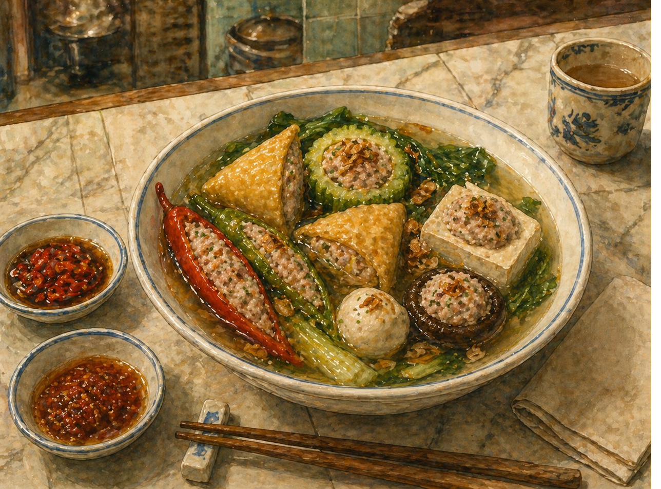 Hero plate: three-quarter overhead view of a single completed bowl of Hakka Yong Tau Foo as served at a heritage hawker stall. White ceramic bowl with pale-blue rim on a marble-tile kopitiam tabletop. Bowl filled with clear pale-amber broth holding 8–10 stuffed pieces — halved stuffed long red and green chillies, stuffed yellow tau pok triangles, stuffed bitter-gourd disc, stuffed silken-tofu cube, stuffed shiitake mushroom, plain fish ball, scattering of chye sim leaves, fried shallots dusting the surface, golden chilli-oil drizzle. Beside: small porcelain dish of light-soy with sliced bird's-eye chilli (heritage Hakka dipping sauce); separate small dish of toasted-sesame-and-chilli paste; bamboo chopsticks on chopstick rest.